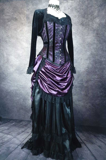 full length view of the new Pandora Amethyst over bust corset with a matching victorian bustle skirt
