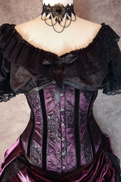 close up view of the corset in the Amethyst Beauty Victorian Bustle Skirt and matching steel boned under bust corset set made from amethyst satin, shown on a dressmaker's form