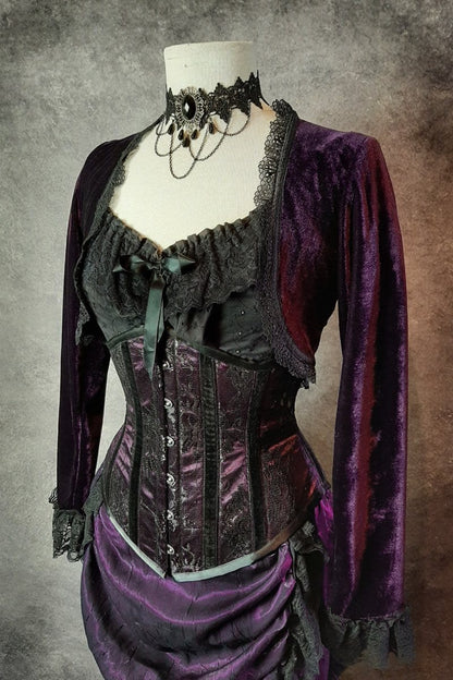 amethyst purple stretch velvet Bolero Shrug worn over an amethyst coloured corset with victorian theme