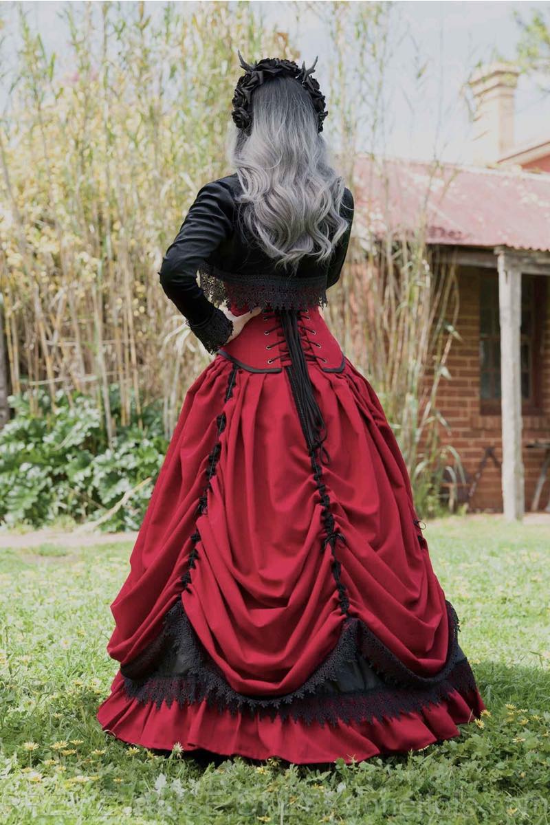 back view of the Red Victorian wedding dress for Gallery Serpentine Australian made to measure