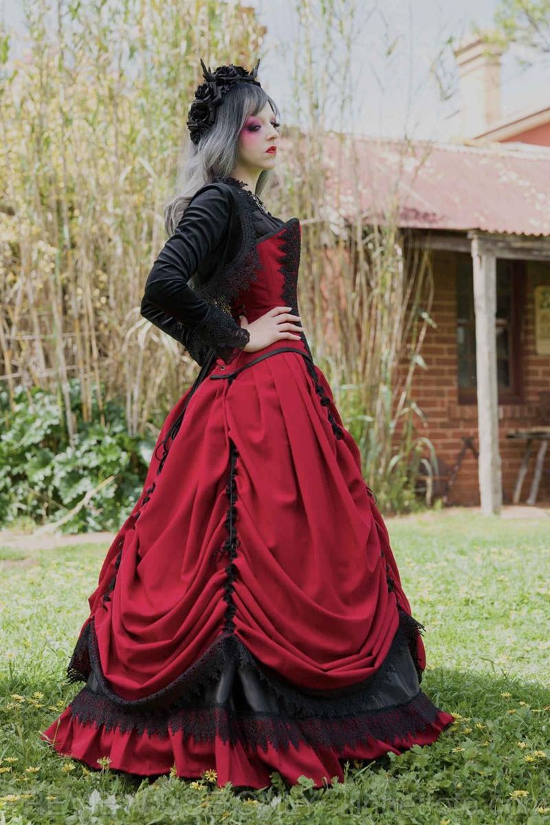 side view of red and black gothic victorian corset wedding dress custom sized