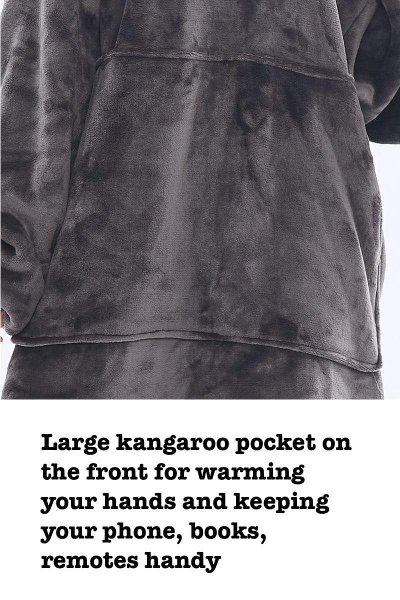 front of the dark storm grey oodie type hoodie called the Marshmallow with text explaining benefits of the kangaroo pocket