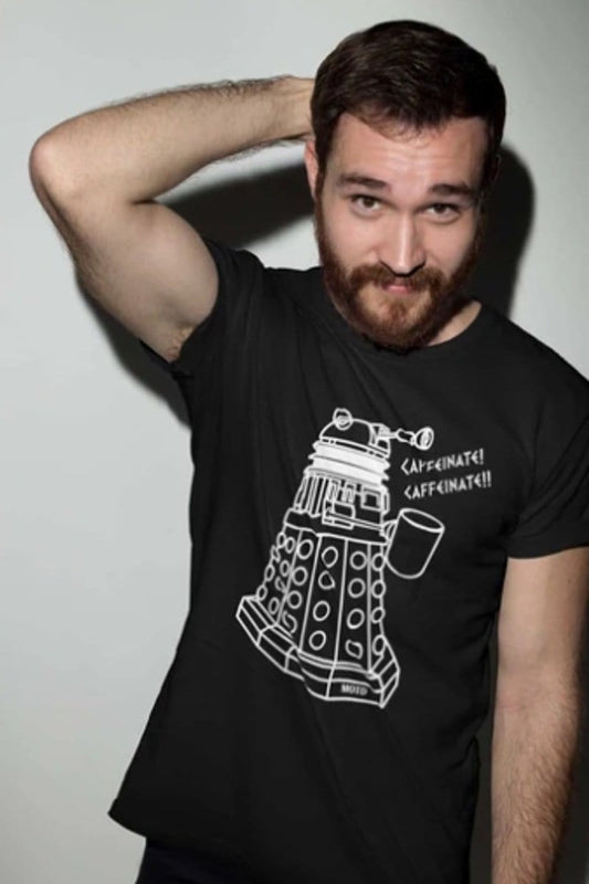 bearded craft brewer from Newtown Sydney wearing the new larger Dalek version of the Dr Who meme tshirt