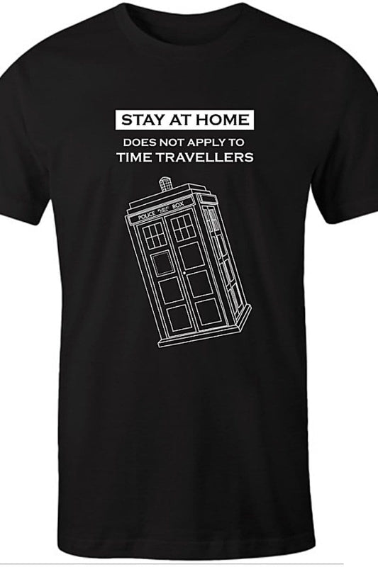 black men's AS brand t-shirt with white graphic print of a Police Box and meme quote Stayathome Time Travellers