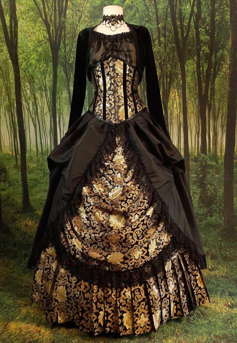 front view of the Golden Majestica Palace Gown in black & gold brocade with Gallery Serpentine corset