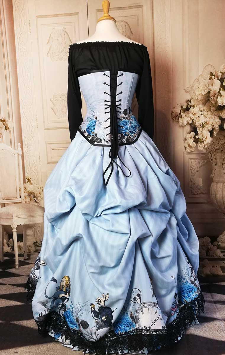 back view showing the corset lacing of the Australian made to measure blue Alice in Wonderland victorian style costume or themed wedding dress