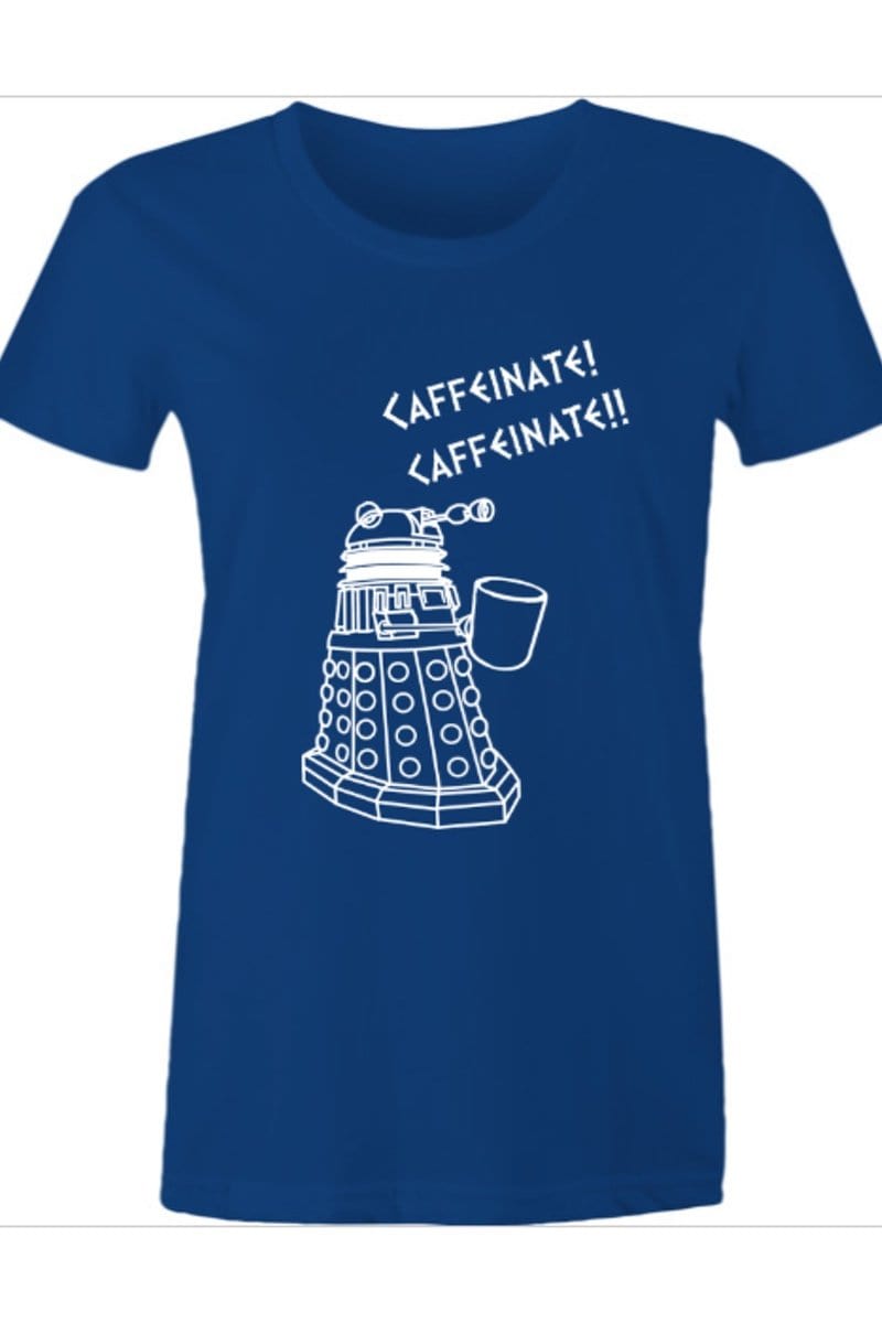 full image of blue women's tshirt printed with dalek deprived of coffee meme