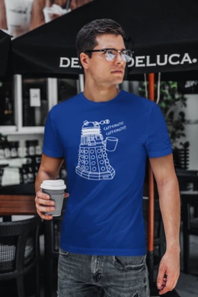 Henry Cavill's half brother Roynard wearing his favourite new Dalek meme tee while drinking coffee