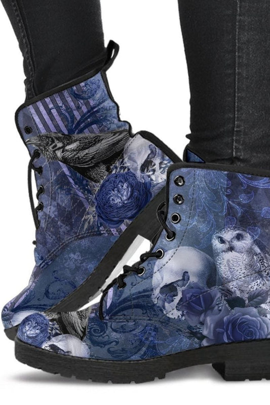 gothic woman walking in pair of the owl raven skull blue memento vegan boots
