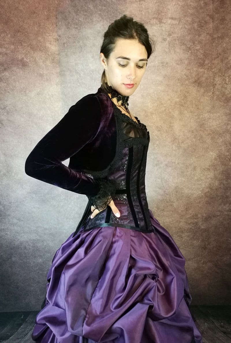 side view of the over bust corset and purple bolero