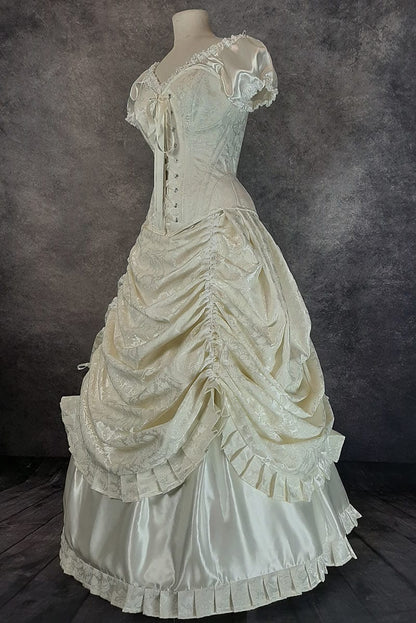 side view of the ivory victorian style corset wedding dress made in Australia, custom sized