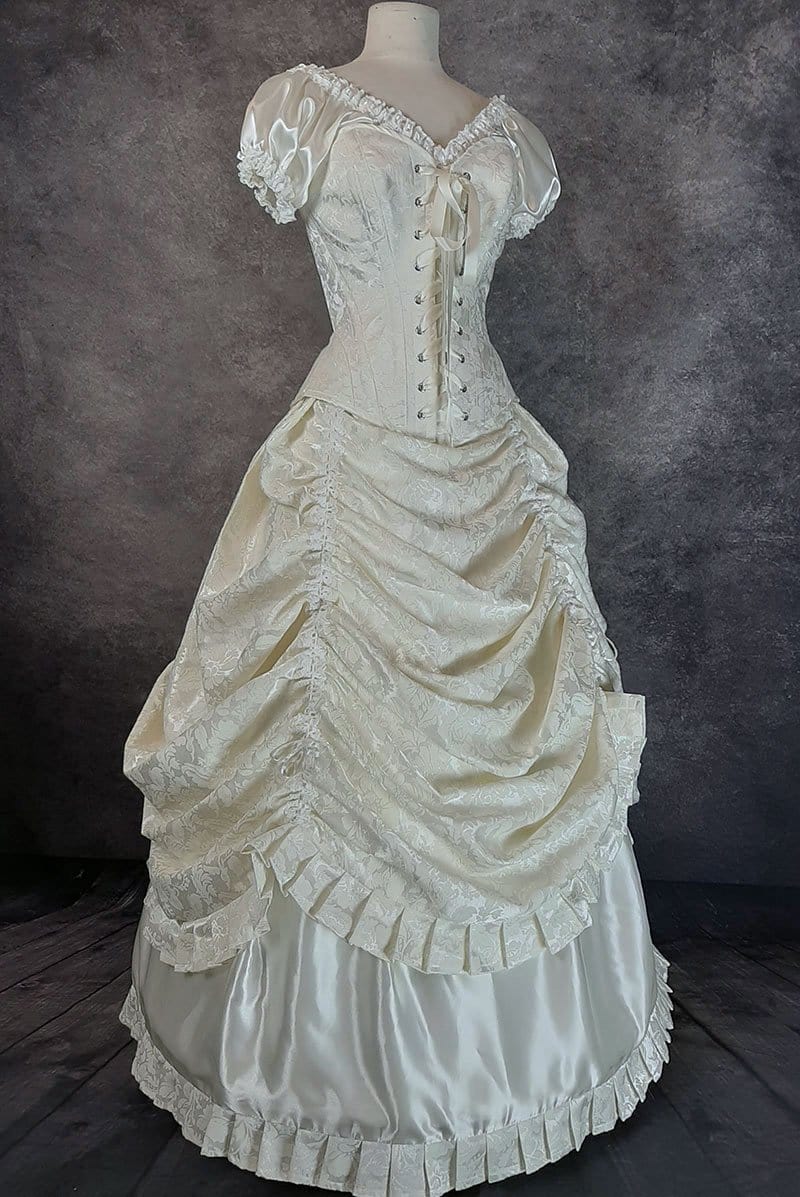 side front view of the Victorian Alicia corsetted bridal gown made to measure in Australia by Gallery Serpentine