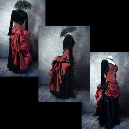 3 photo layup showing the back, side and side front views of the deluxe length victorian bustle skirt in garnet taffeta worn over a black satin under skirt and bustle cage