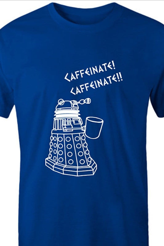 close up of the graphic design on the blue t-shirt for men with funny Dalek needs coffee meme in white print