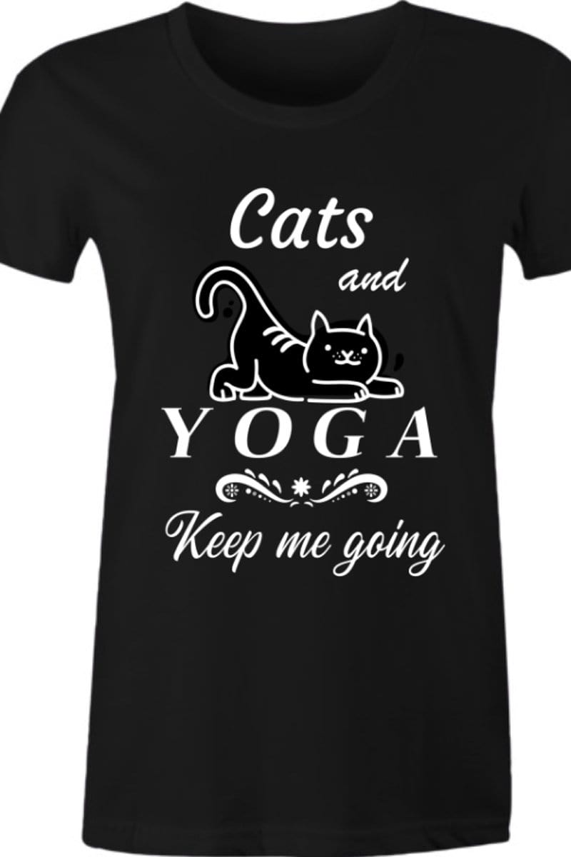 close up of the cats and yoga keep me going women's funny black t-shirt
