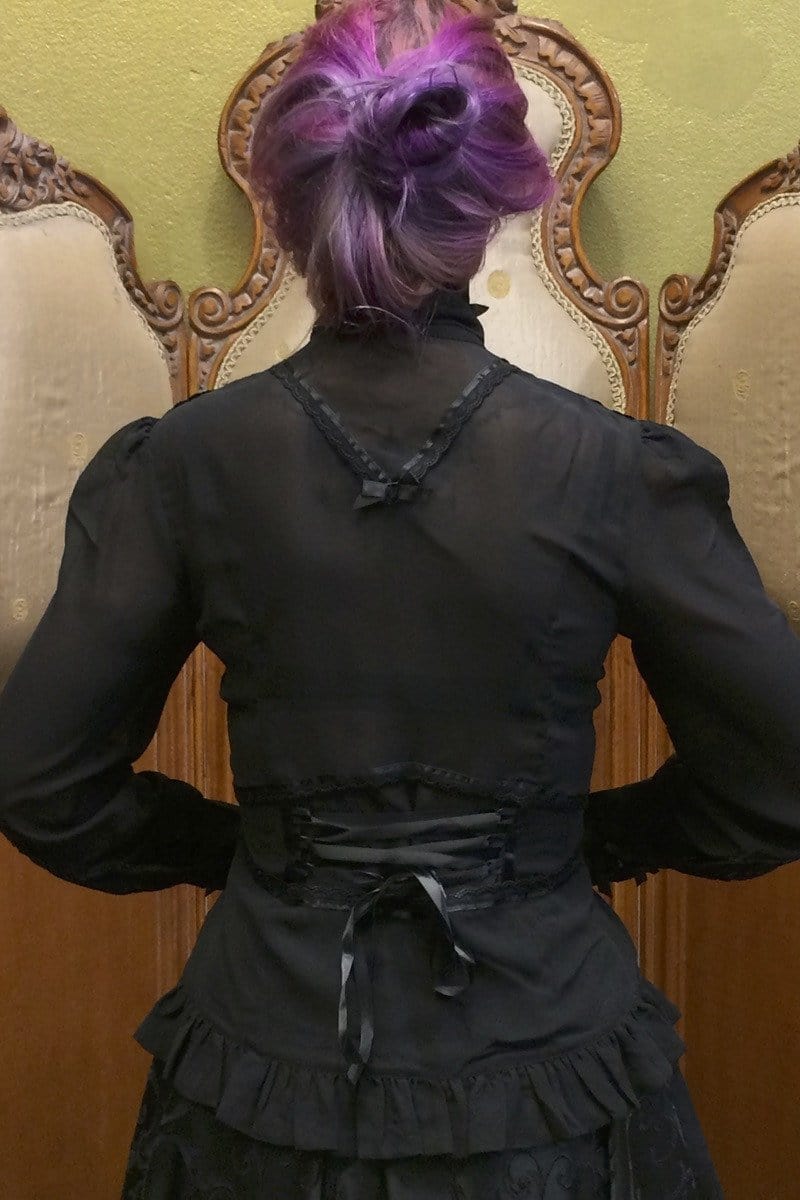 Black Clockwork Butterfly blouse showing lacing feature at back