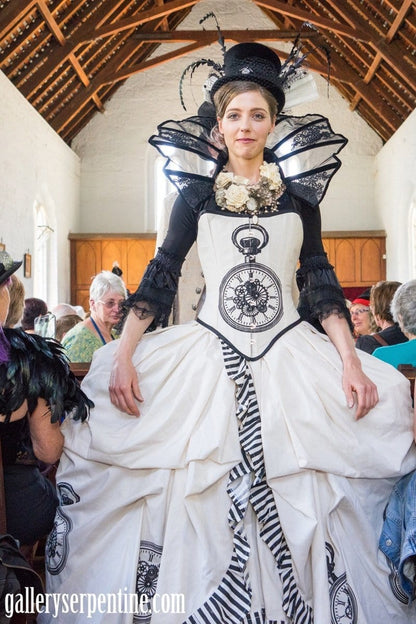 fashion show in a historic church model wearing the Miss Rozellina White, victorian steampunk bridal choker made in Sydney by MisSMasH worn with a Marie Antoinette bridal gown by Gallery Serpentine