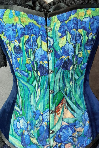 van gogh irises print on an over bust corset made in Australia