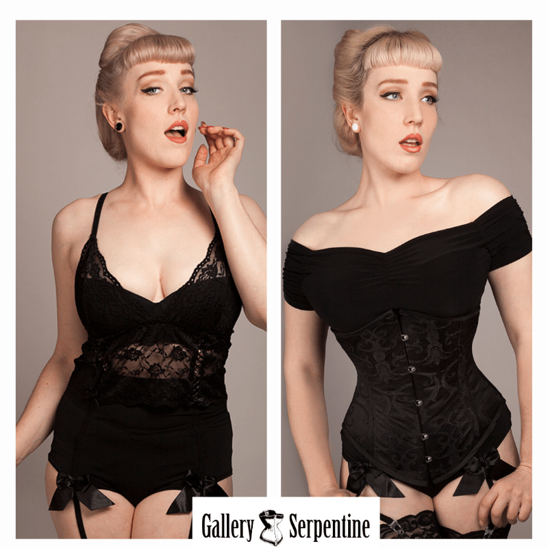 before and after image of blonde corset model wearing the Under Bust Victorian corset made in Australia Gallery Serpentine