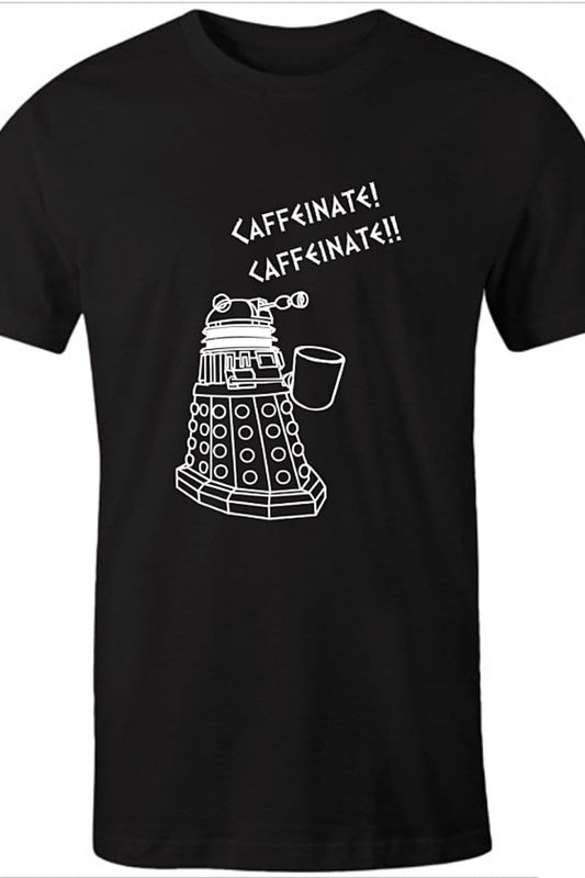 black t-shirt for men with funny Dalek needs coffee meme in white print