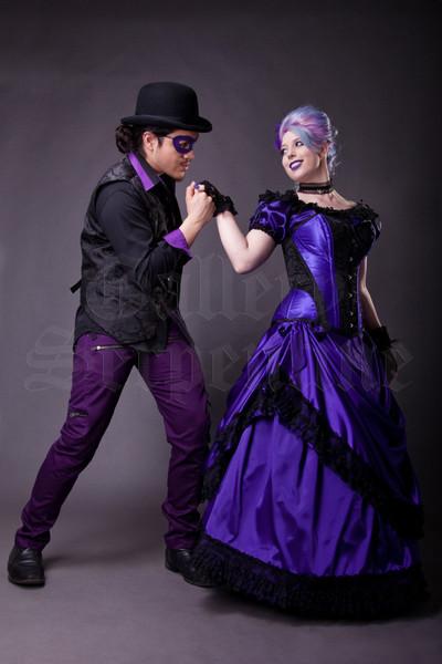 gothic Joker & purple princess in the Amethyst Turn of the Century Corset steel boned, purple and black baroque patterned jacquard, made in Australia by Gallery Serpentine