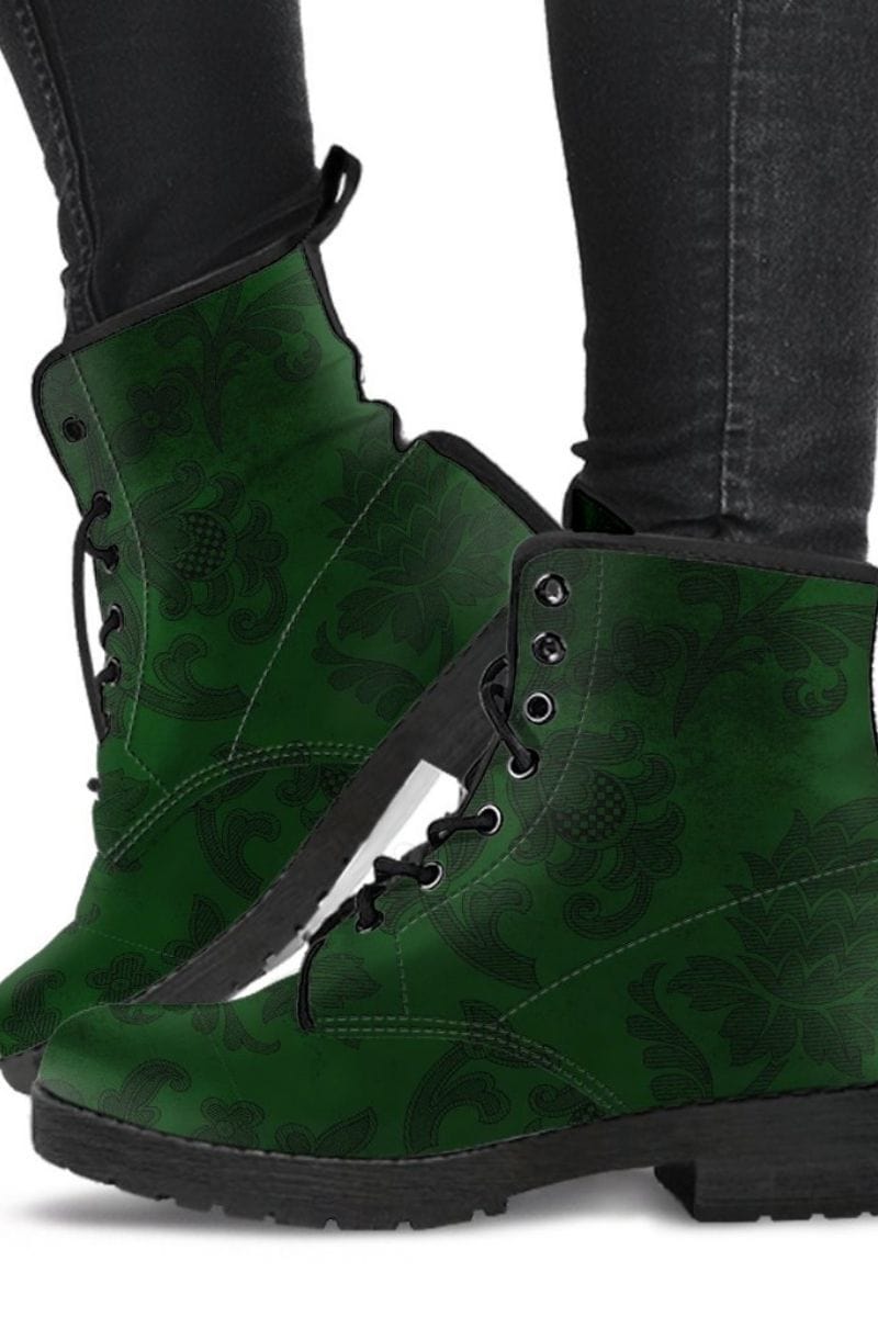 dark green renaissance patterned custom printed vegan leather boots at gallery serpentine