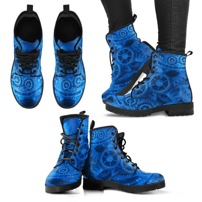 multiple views of the vegan leather bright blue steampunk boots for men