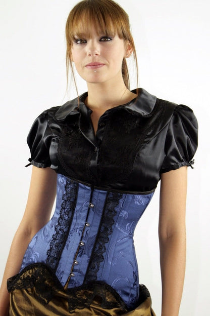 Blue Delphine Lola, long line under bust victorian corset, custom made in Australia, steel boned, Gallery Serpentine Corsetry