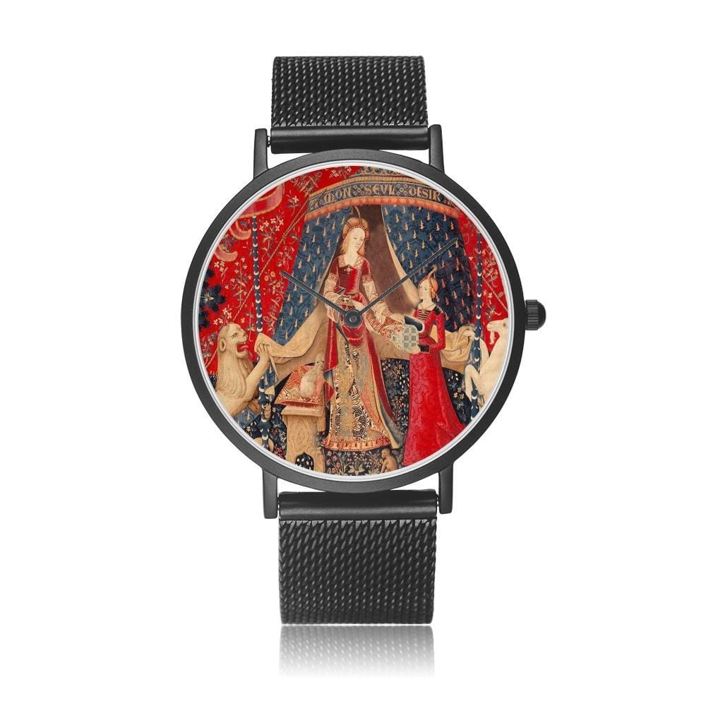 front view of the black the Lady and the Unicorn tapestry artwork now on a quality citizen movement watch
