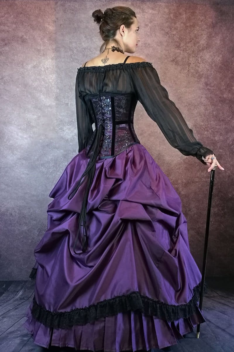 side back view of the Amethyst Majestic gothic ball or wedding gown made in Australia to measurements by Gallery Serpentine
