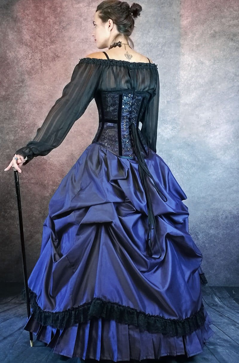 back view of Blue Majestica, an Australian made custom sized gothic corset gown