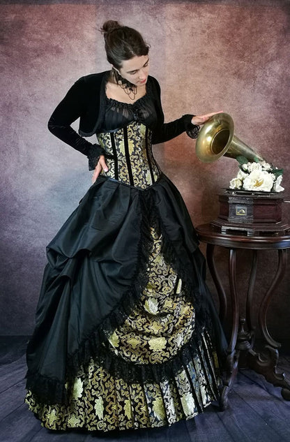 victorian gothic oriental themed corset gown at Gallery Serpentine in gold and black