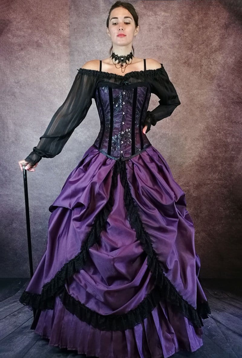steel boned amethyst over bust corset worn by a victorian model