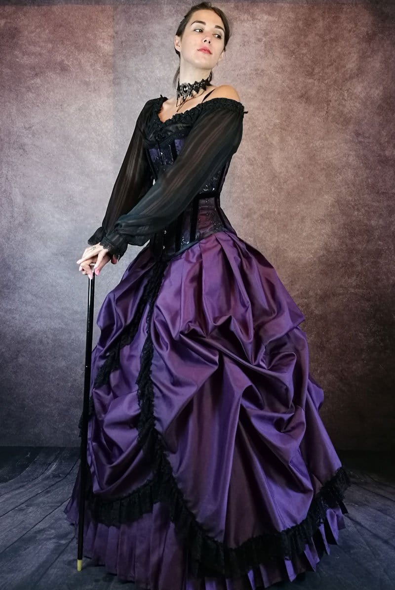 victorian model in the Amethyst Majestic gothic ball or wedding gown made in Australia to measurements by Gallery Serpentine