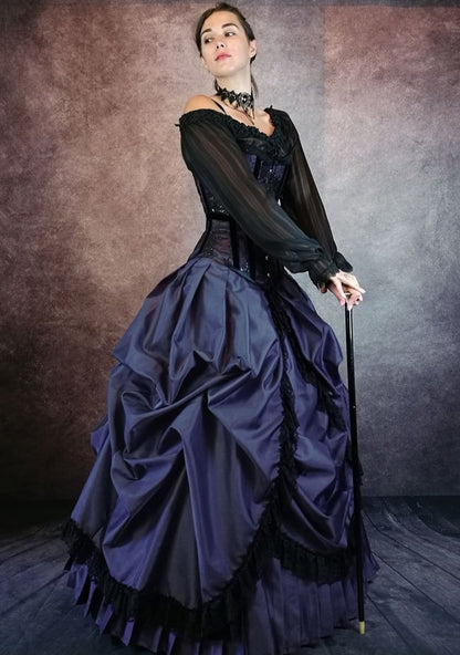 side view of model in Blue Majestica a victorian era style corset gown made in Australia