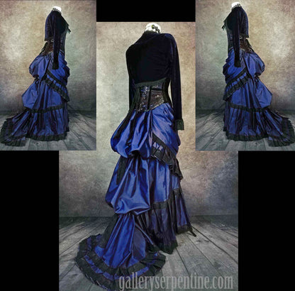 lay up of 3 photos showing front back side views of the deep blue satin gothic victorian wedding skirt