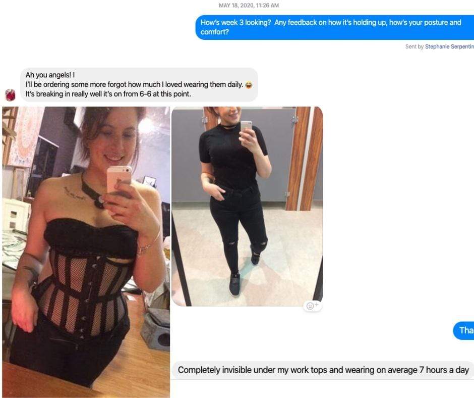 selfie images of Dark Desire corset purchaser showing the corset being worn under clothing