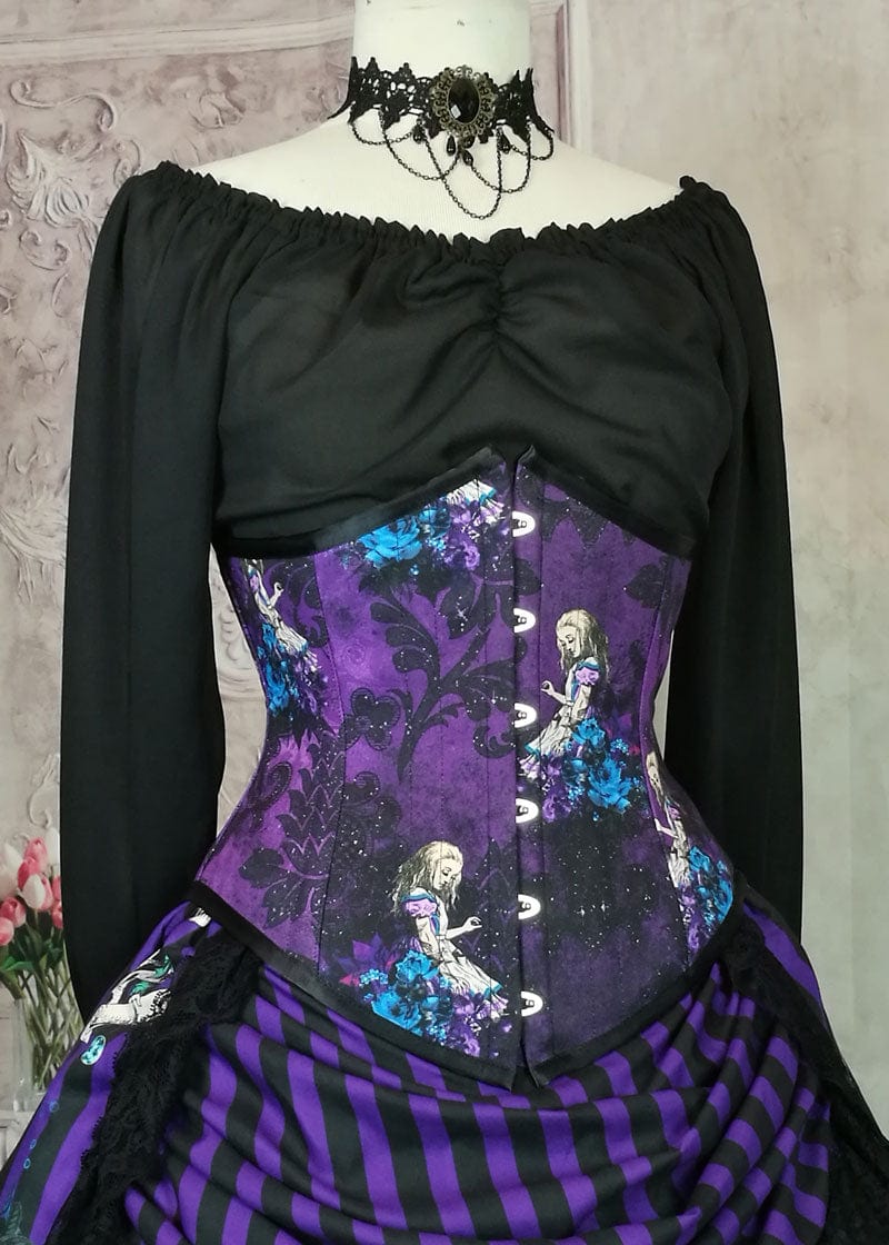front view of the purple Alice in Wonderland steel boned made in Australia to measurements corset