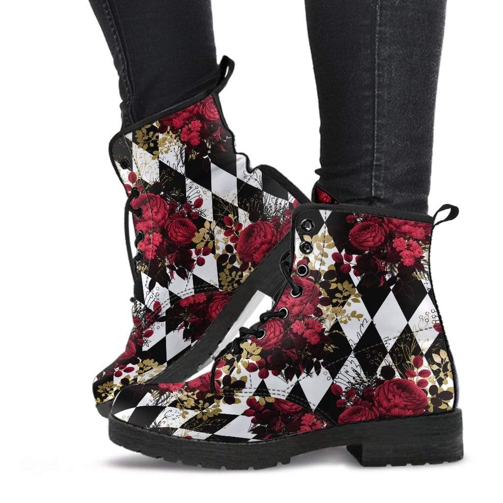 model wearing the Gothic Red Rose and diamond harlequin printed vegan combat boots at Gallery Serpentine