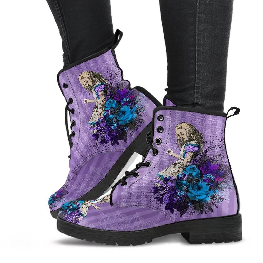 model wearing the vegan leather custom printed boots with lilac lavender purple Alice in Wonderland