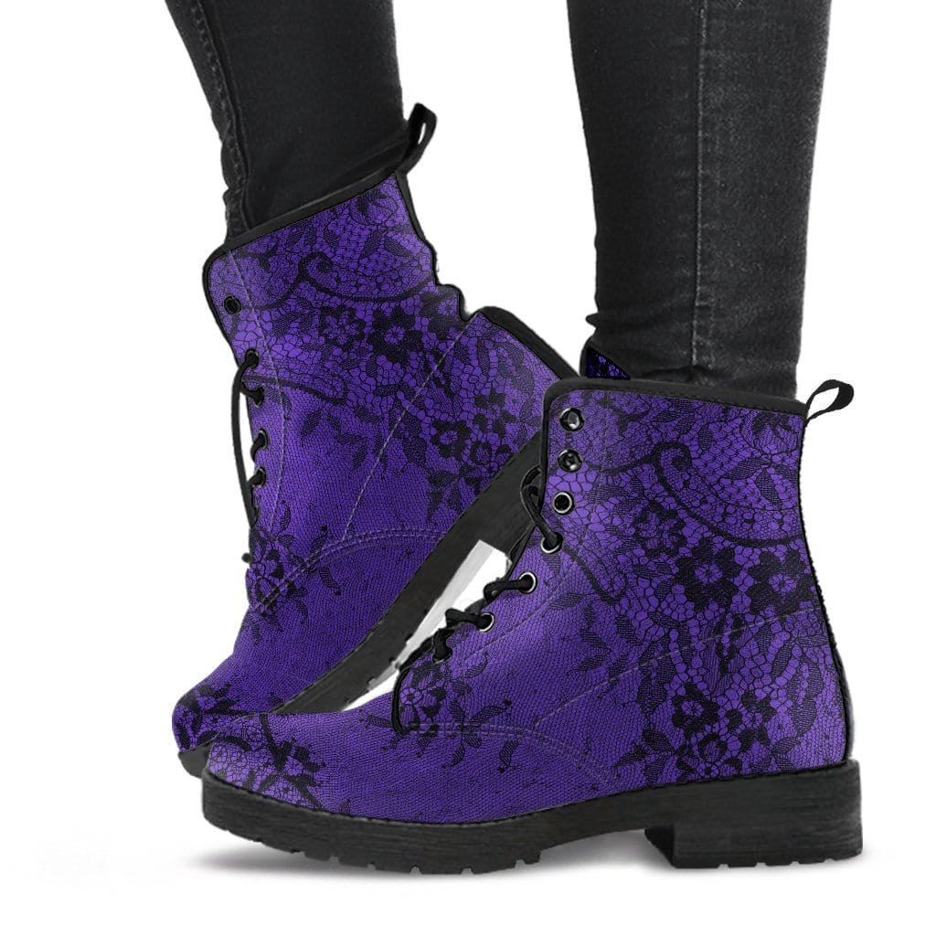 model showing the purple gothic lace print vegan combat boots at Gallery Serpentine
