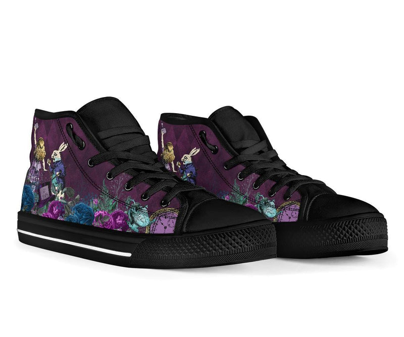 front side view of the purple Alice in Wonderland hi top sneakers at Gallery Serpentine