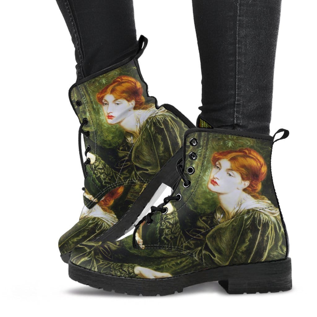 Pre-Raphaelite painting on custom made boots shown on model legs