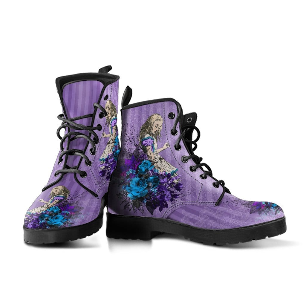 pair of the vegan leather custom printed boots with lilac lavender purple Alice in Wonderland