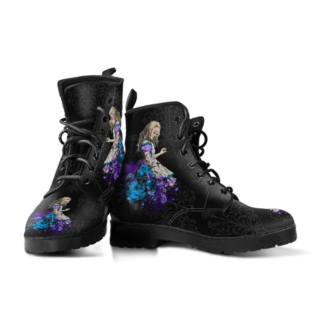 purple & teal gothic Alice in Wonderland printed vegan combat boots Gallery Serpentine