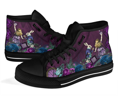 up close view of the purple Alice in Wonderland hi top sneakers at Gallery Serpentine