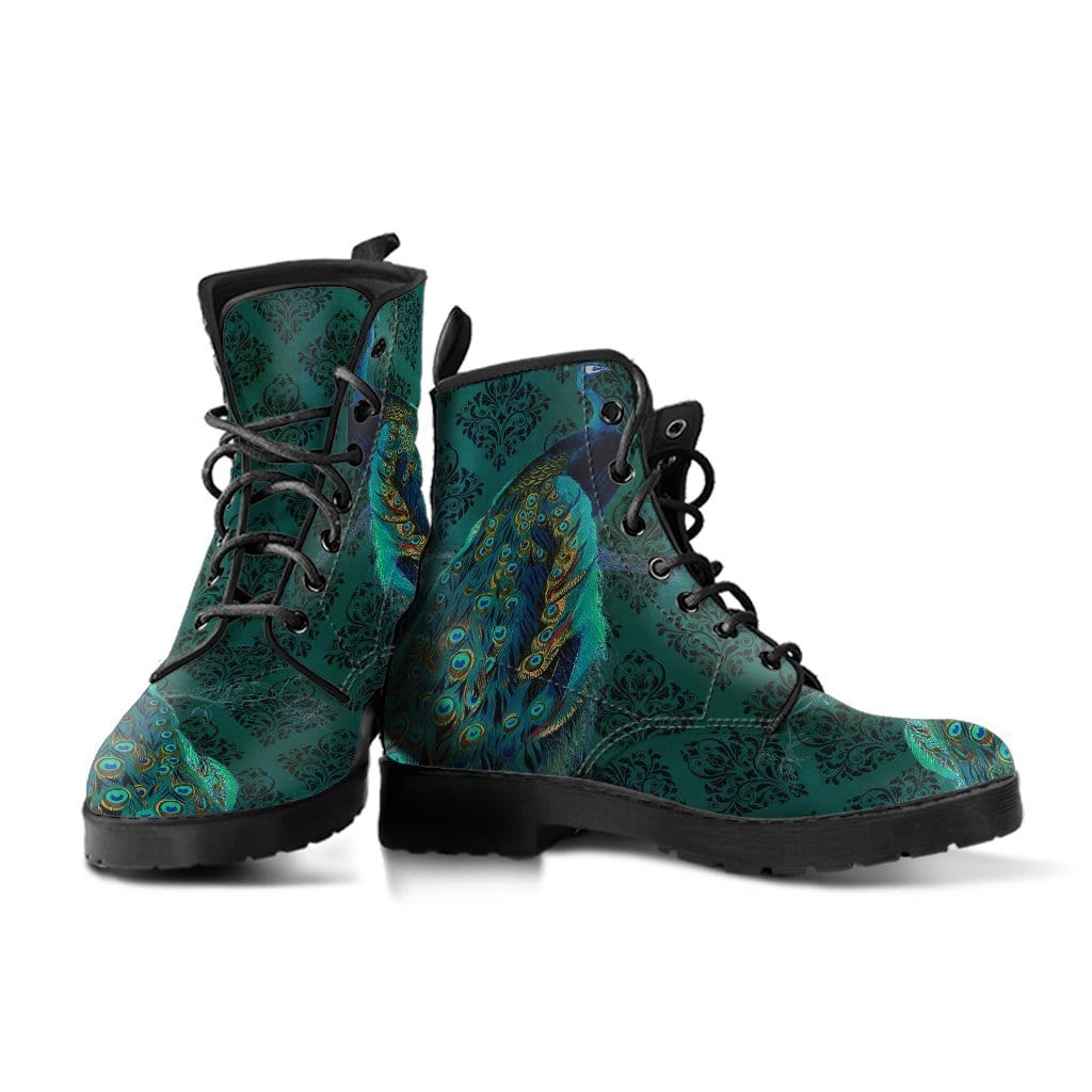 pair of the green gold jewelled peacock printed custom vegan boots at Gallery Serpentine