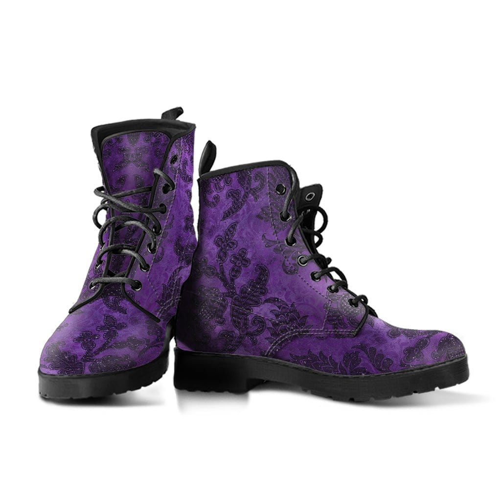 pair of the purple gothic damask printed vegan combat dr marten style boots at gallery serpentine