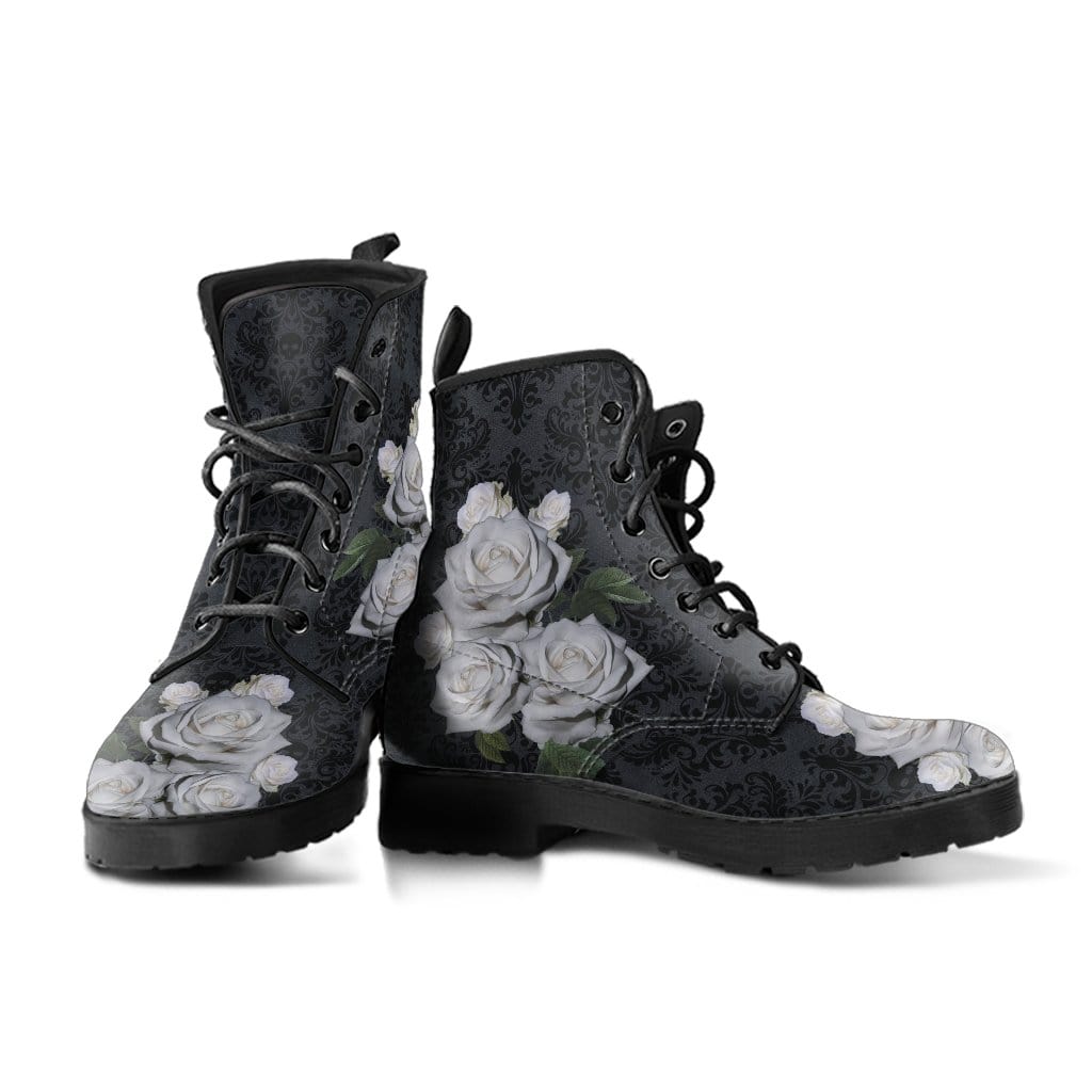 pair of the renaissance patterned gothic boots featuring bunches of white roses