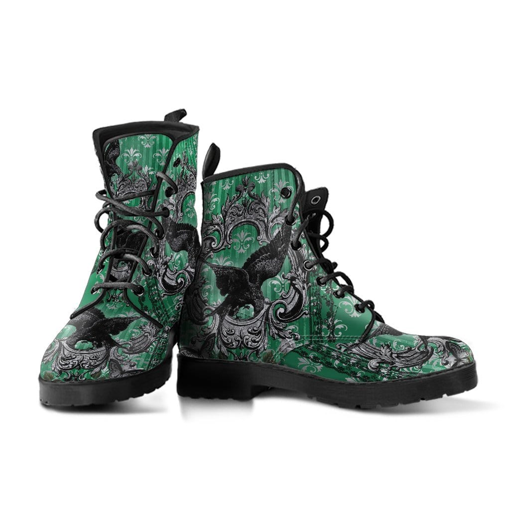 pair of the gothic raven in green background on pair of vegan leather boots